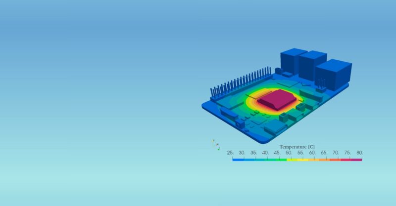 Platinenmodell zeigt Wärmeverteilung mit Farbskala in blauer Umgebung.